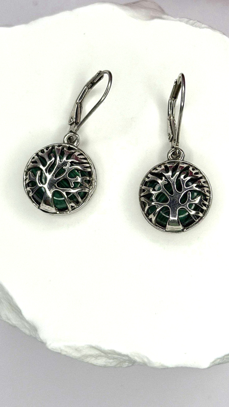 Tree of Life 925 Sterling Silver Malachite Earrings